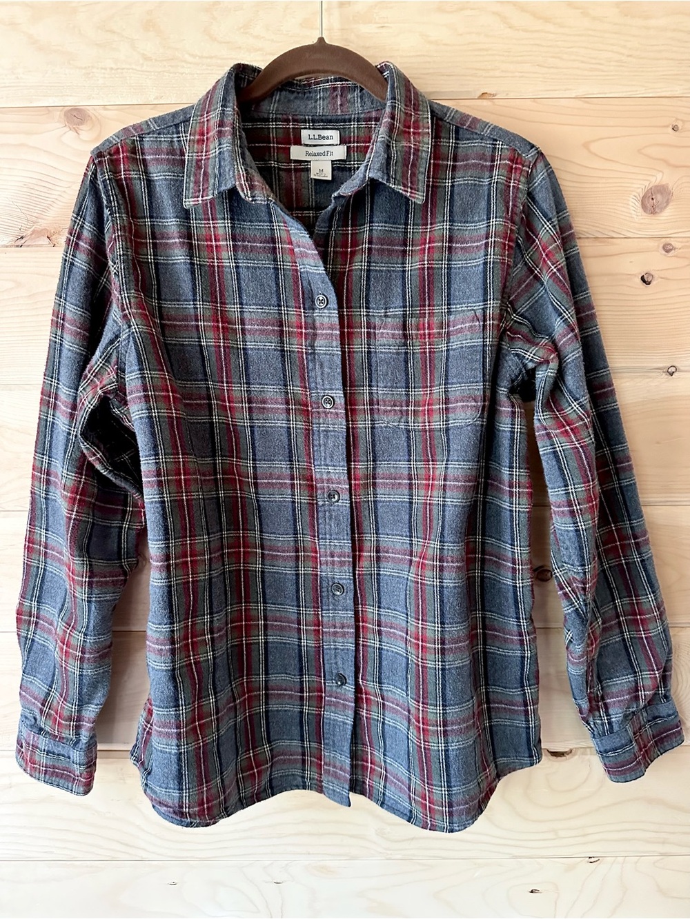 LL Bean Scotch Plaid Flannel Shirt Relaxed Fit Cotton Button Down Grey Red M